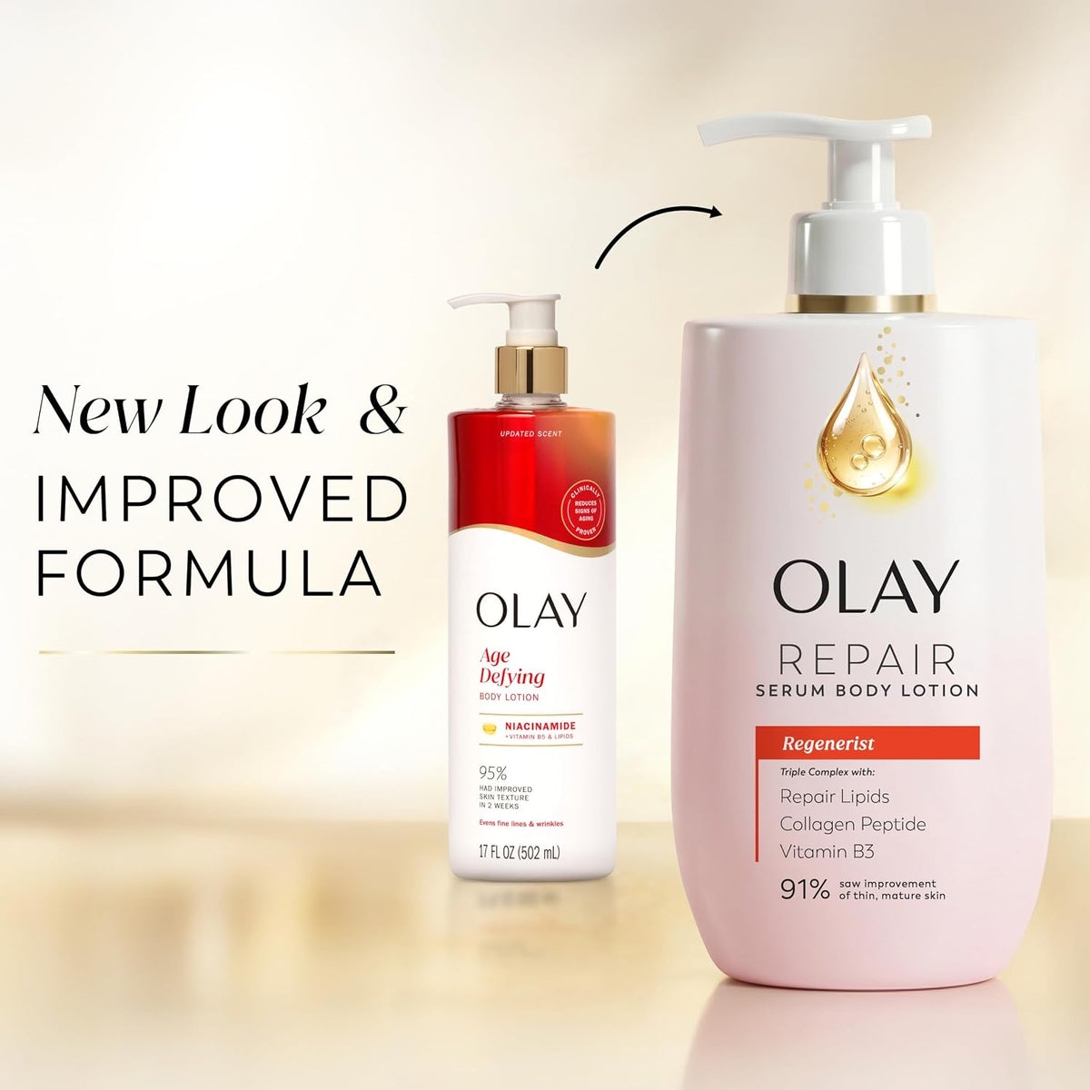 Two Olay skincare bottles on a warm beige background: a smaller Age Defying serum bottle with a red-to-white gradient and gold pump, and a larger pale pink Serum Body Lotion bottle with a white pump and gold droplet detail. Text on the left reads 'New Look & IMPROVED FORMULA.