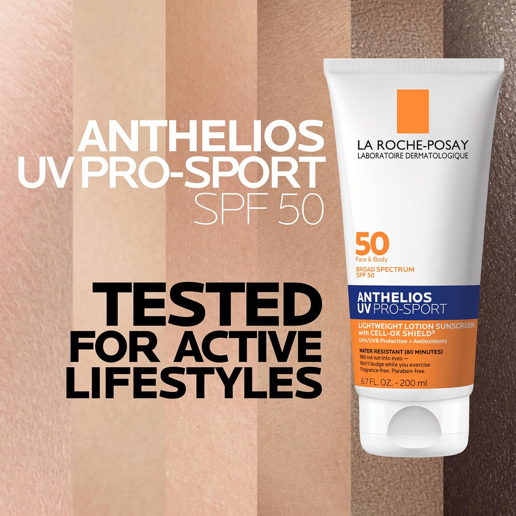 La Roche-Posay Anthelios UV Pro-Sport SPF 50 sunscreen tube on a striped background