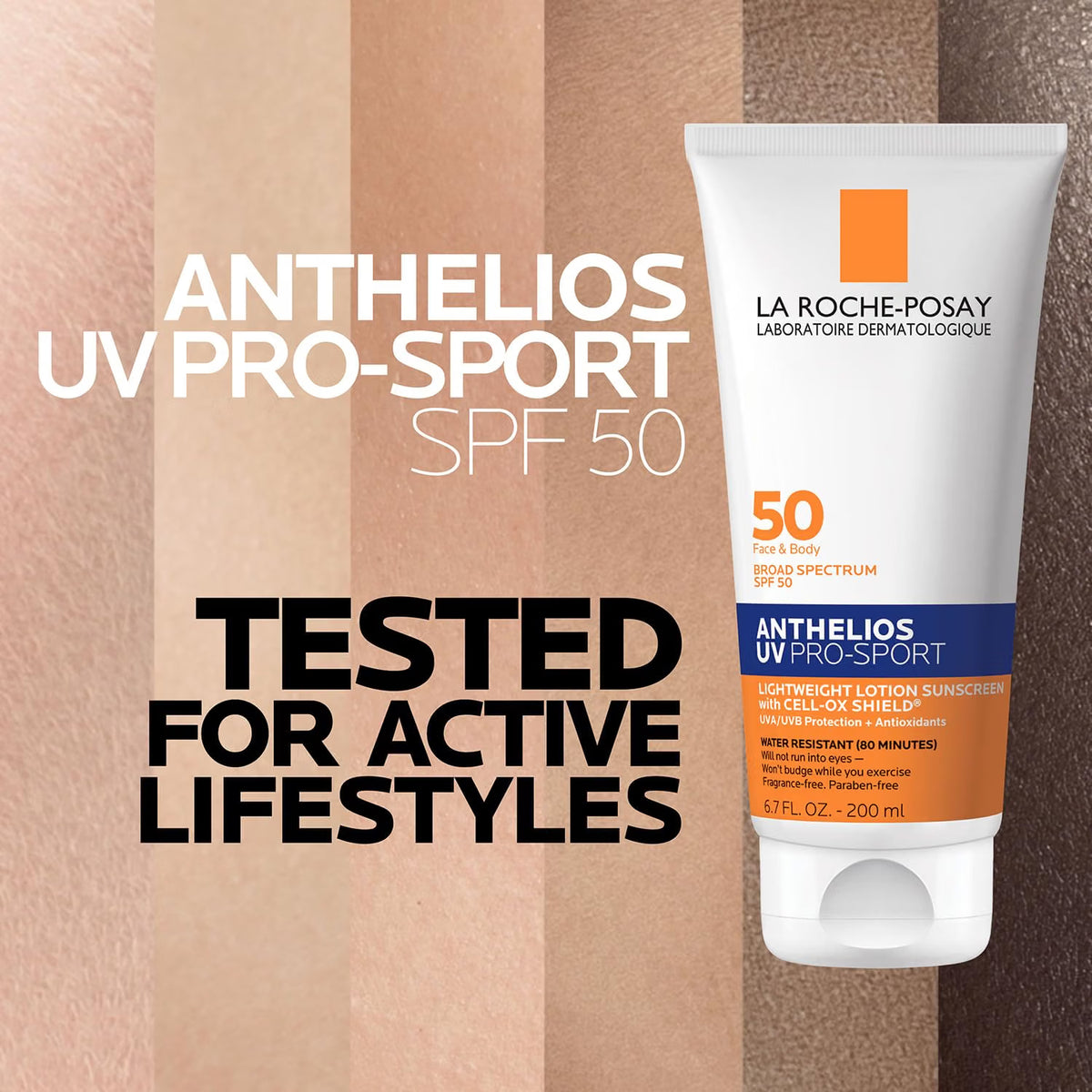 La Roche-Posay Anthelios UV Pro-Sport SPF 50 sunscreen tube on a striped background