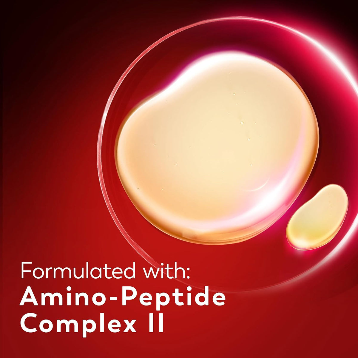 A glossy beige droplet and a small capsule on a dark red background with white text reading 'Formulated with: Amino-Peptide Complex II'.