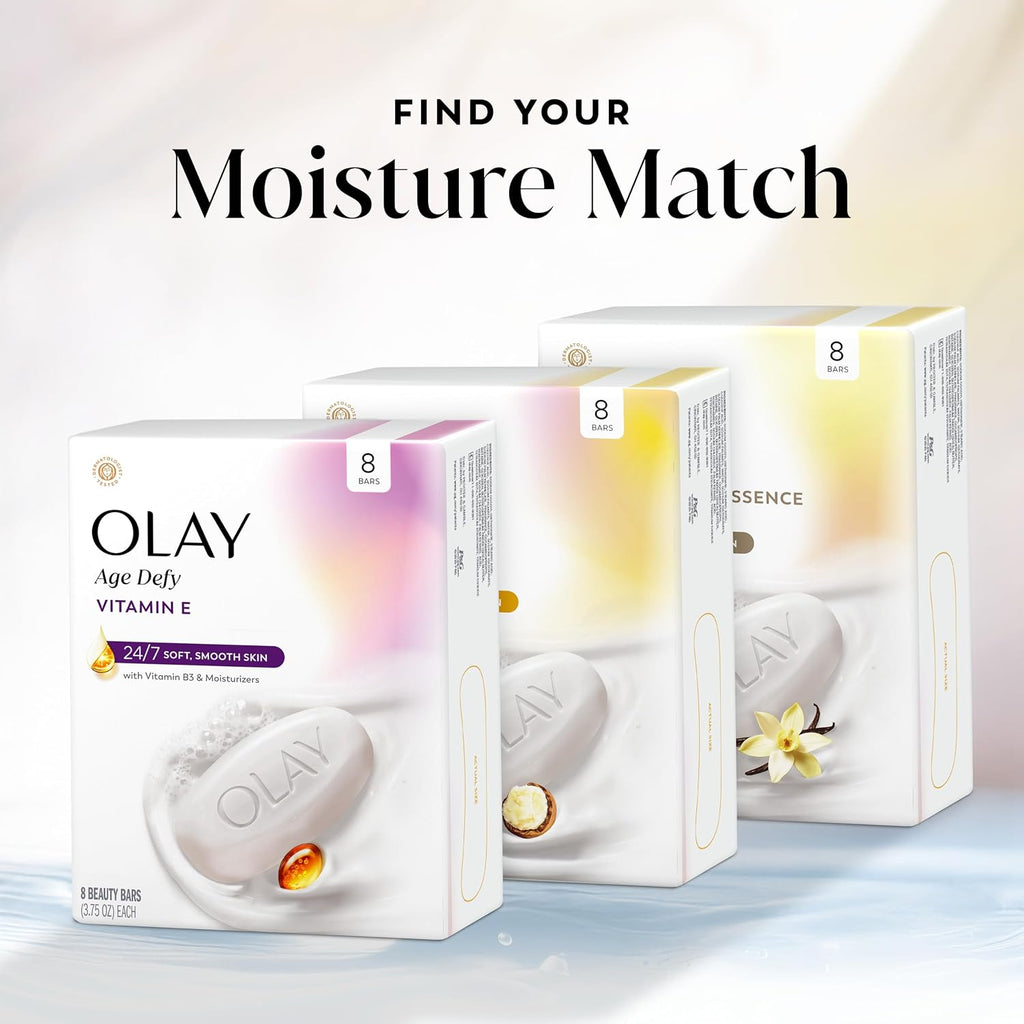 Olay soap bars with packaging on a light background