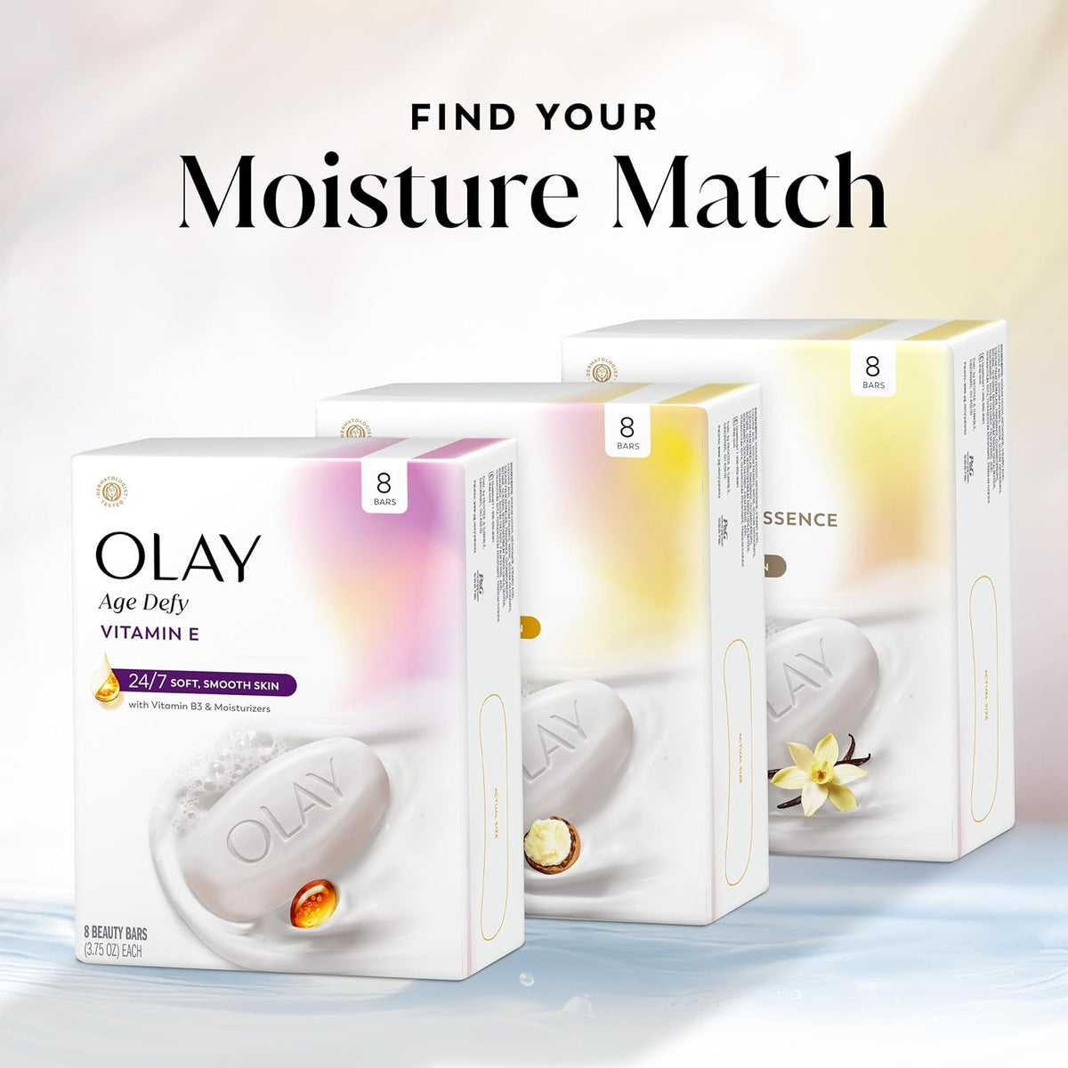 Olay soap bars with packaging on a light background