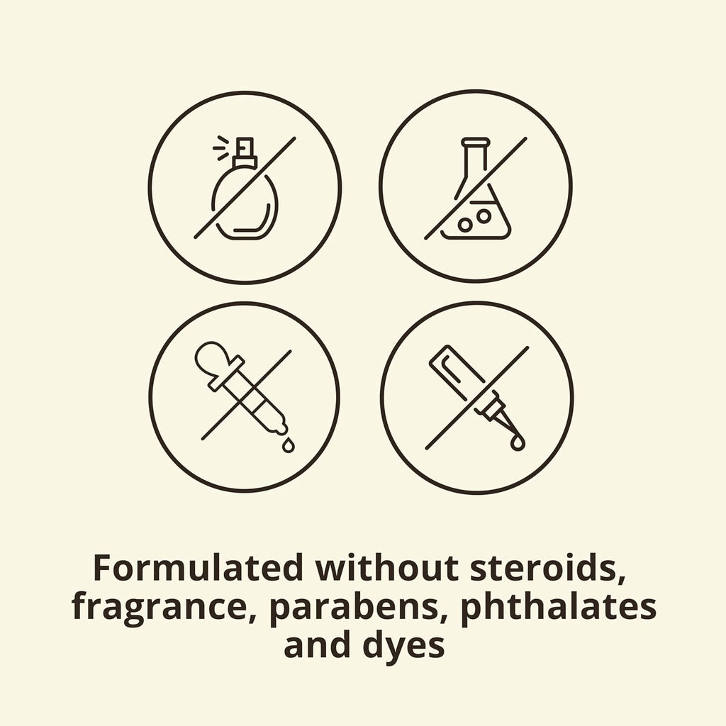 Four circular icons indicating ingredients not used in a product, with text on a beige background.