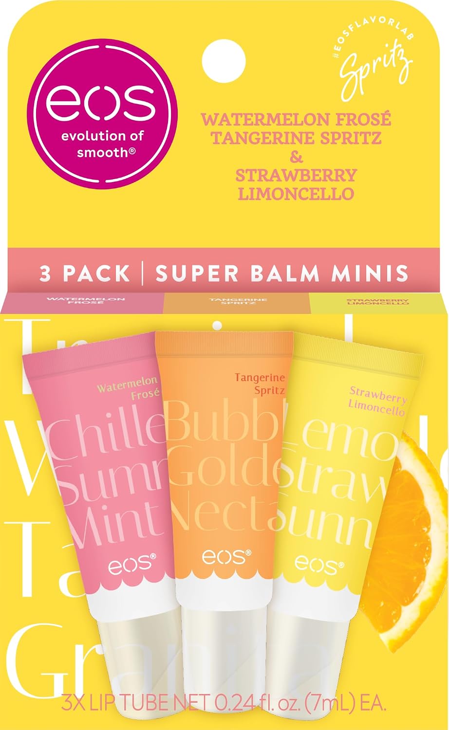 Packaging of eos lip balm minis with three different flavors on a yellow background.