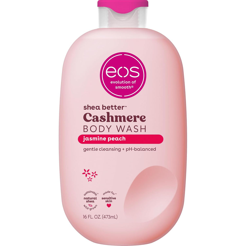 Pink bottle of eos Cashmere Body Wash with a white cap on a white background