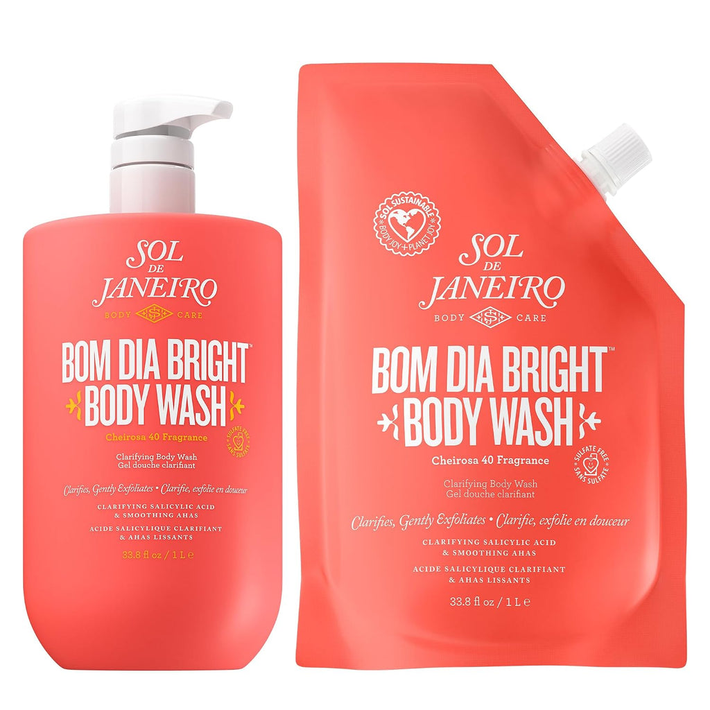 Sol de Janeiro Bom Dia Bright Body Wash bottles and packaging on a red background