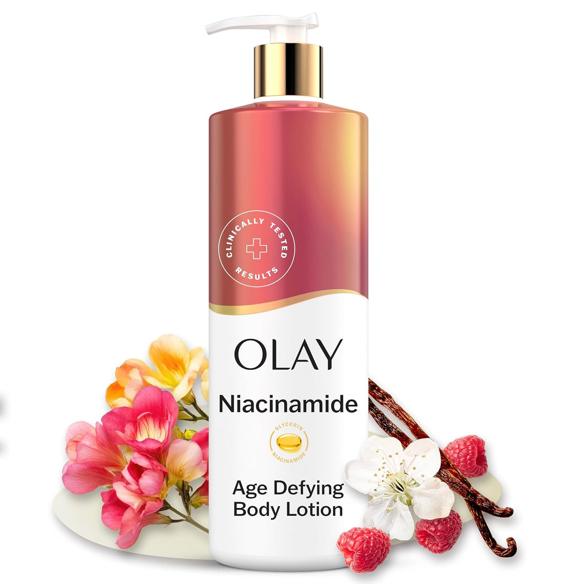 Olay Niacinamide body lotion with flowers and vanilla beans on a white background
