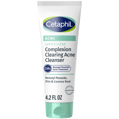 A tube of Cetaphil Acne Gentle Clear Complexion Clearing Acne Cleanser, 4.2 fl oz, on a solid white background.