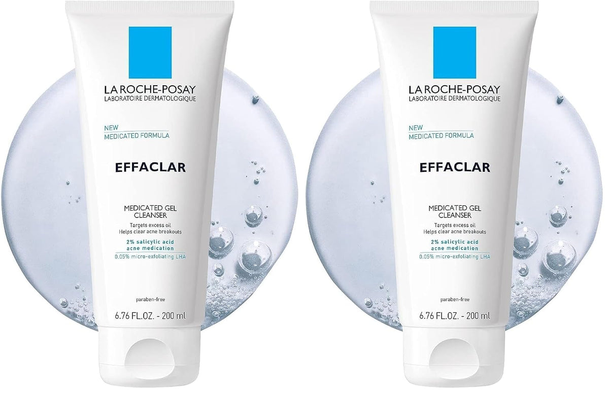 Two white La Roche-Posay Effaclara Medicated Gel Cleanser tubes displayed side-by-side against a white background with decorative blue water droplet circles.