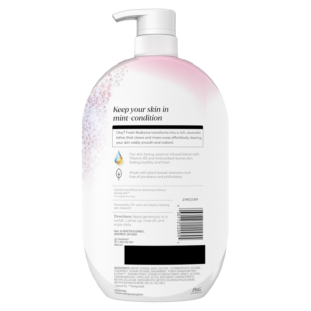 Back view of a large white pump bottle of P&G cleansing cleanser with a pink and white floral pattern on the shoulder, featuring product text and a barcode on a white background.