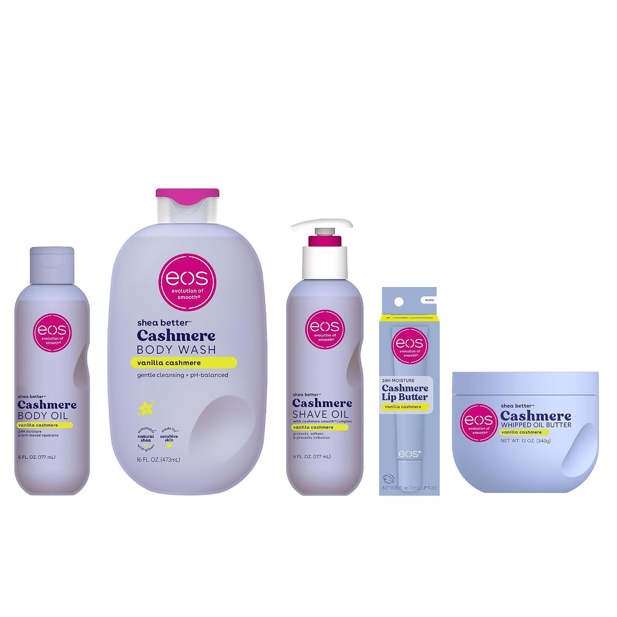 A 5-piece EOS Better Cashmere body care set on a white background, including body wash, body oil, body wash pump, shave oil, lip buster, and lip balm.