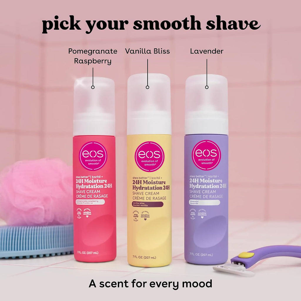 Three EOS Skincare 24H Moisture Hydration Shave products shown side by side with labeled scents: Pomegranate Raspberry in pink, Vanilla Bliss in pale yellow, and Lavender in light purple. Text at the top reads 'pick your smooth shave' and at the bottom 'A scent for every mood.