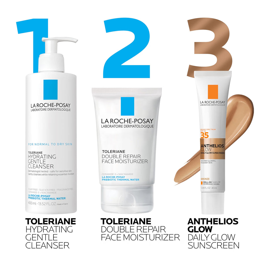 Three La Roche-Posay skincare products arranged side by side with large numbered graphics above them: a white pump bottle of Toleriane Hydrating Gentle Cleanser, a white tube of Toleriane Double Repair Face Moisturizer, and a white tube of Anthelios Glow Daily Glow Sunscreen. Each product is shown with its name below on a clean white background.