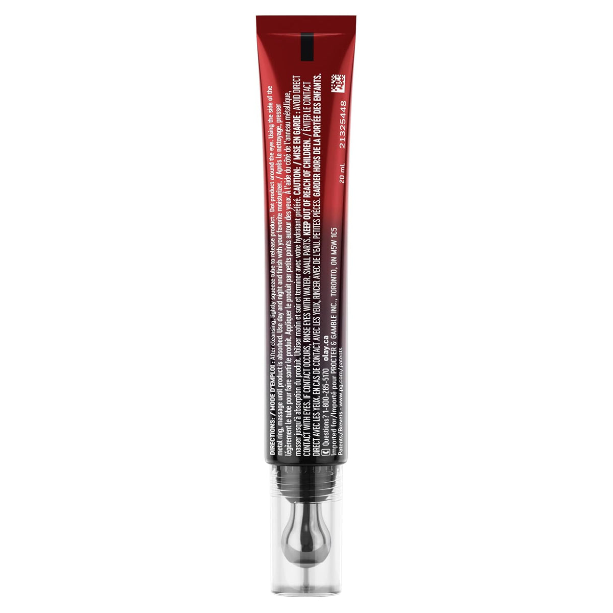Red cosmetic tube with black text on a white background