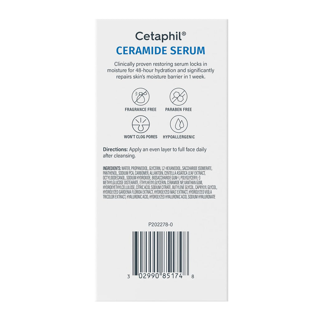The back of a Cetaphil Ceramide Serum bottle showing product information, icons for fragrance-free and parabens-free, directions, ingredients, and a barcode on a white background.