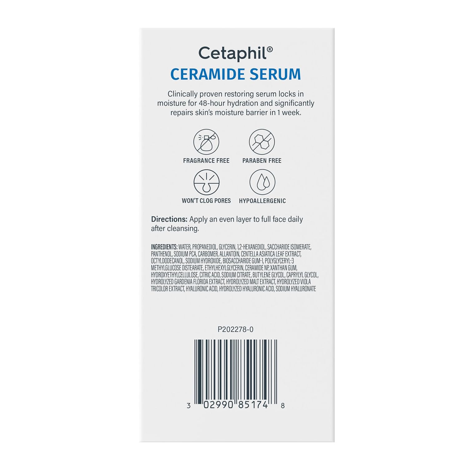 The back of a Cetaphil Ceramide Serum bottle showing product information, icons for fragrance-free and parabens-free, directions, ingredients, and a barcode on a white background.