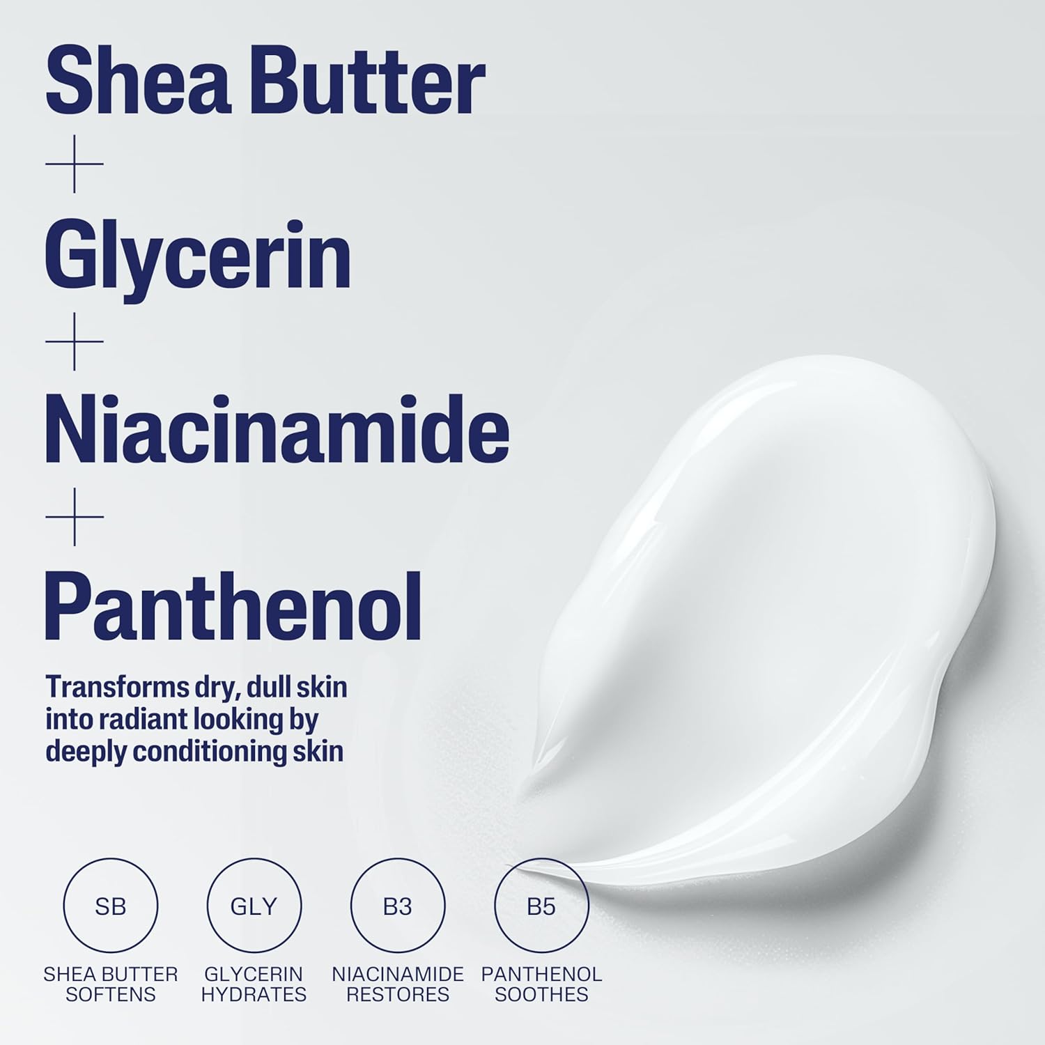 Shea Butter + Glycerin + Niacinamide + Panthenol ingredients with a white cream swirl on a light gray background