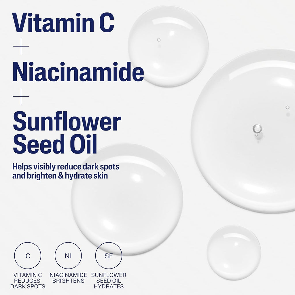 Product packaging with vitamin C, niacinamide, and sunflower seed oil text on a white background