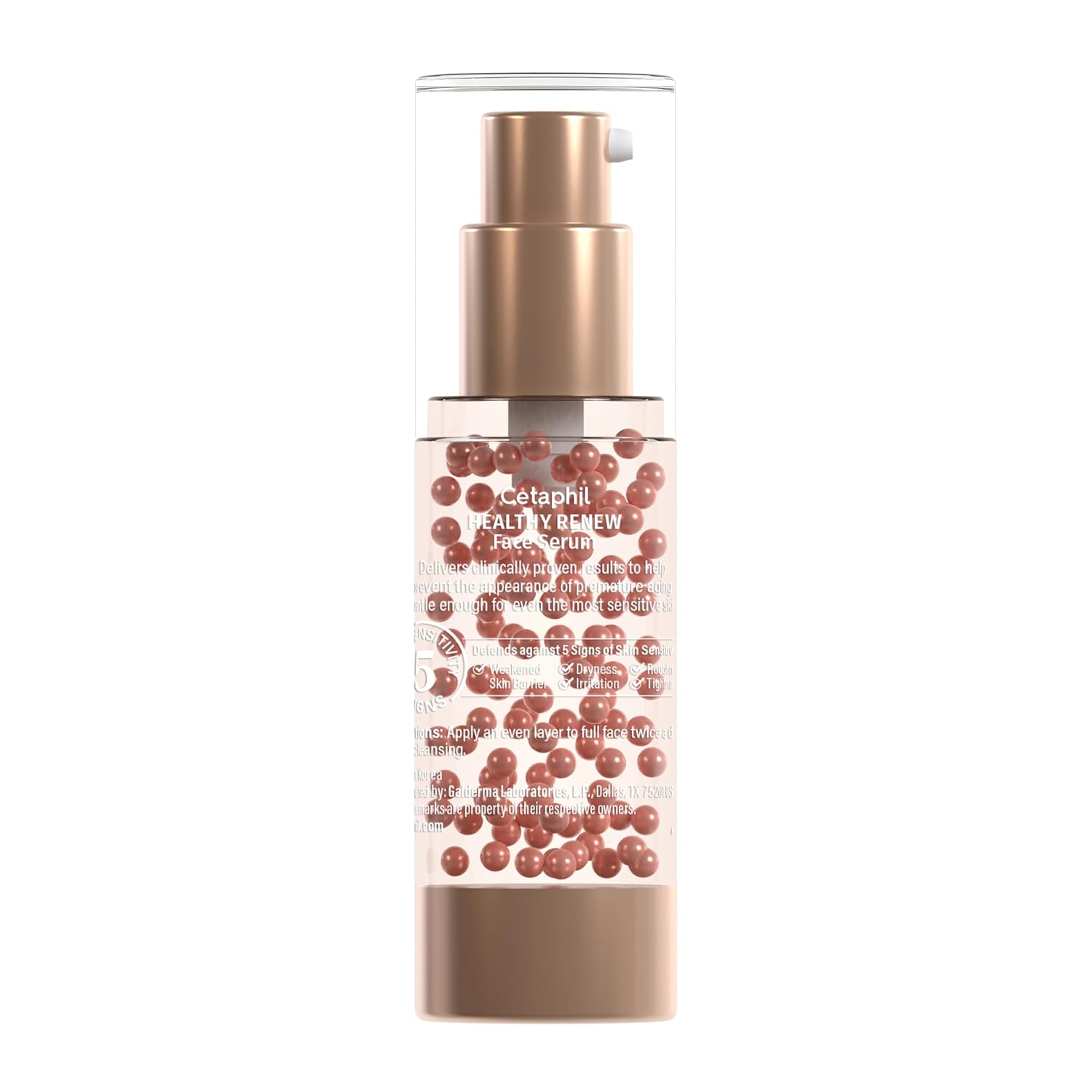 Skincare serum bottle with visible droplets on a white background