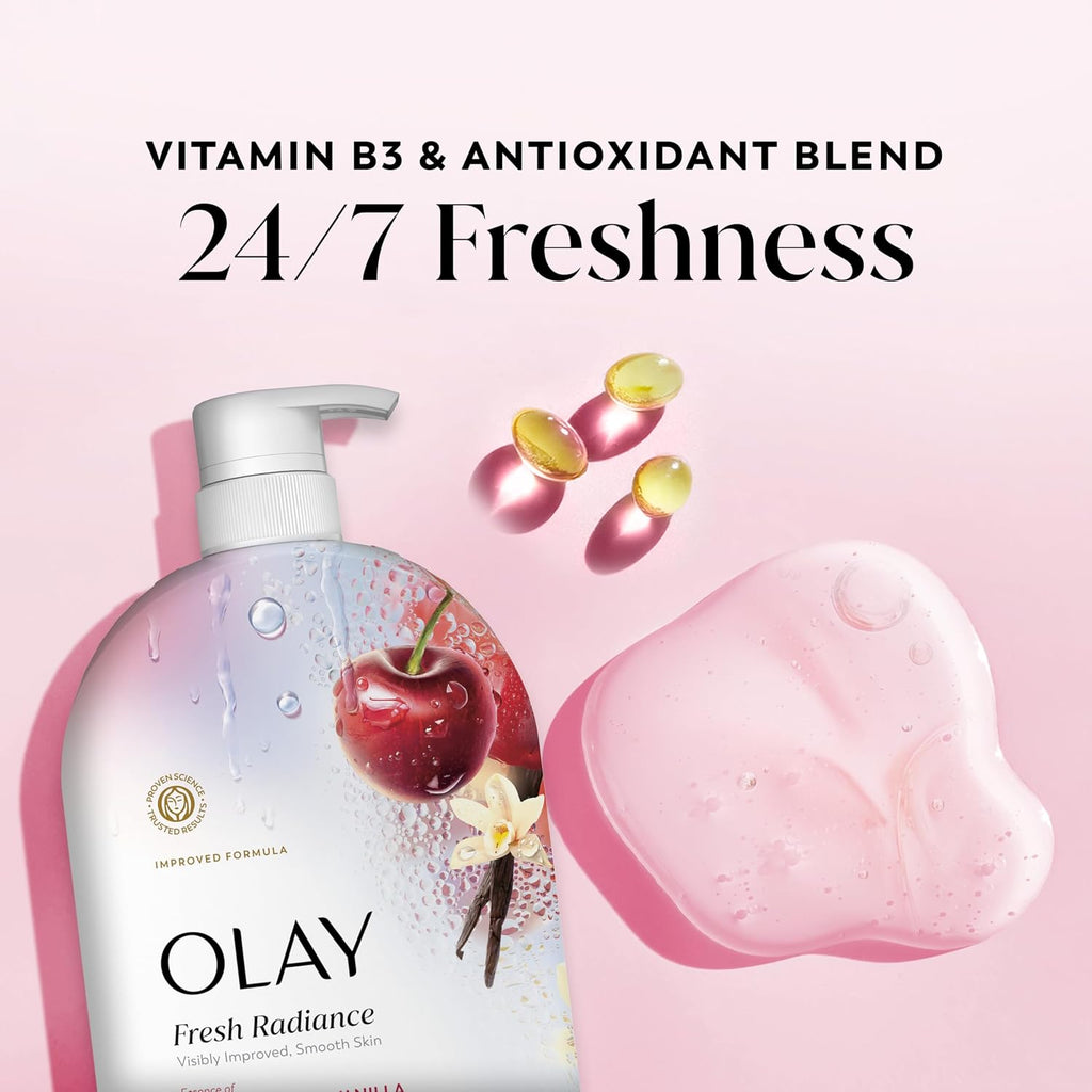 Olay Fresh Radiance bottle with cherry and vanilla imagery on a pink background