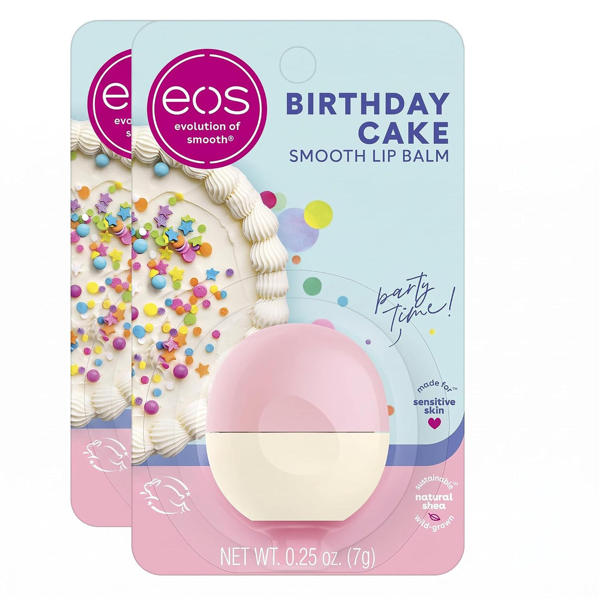 Two EOS Evolution of Smooth lip balm tubes in a 'Birthday Cake' scent, shown in their retail packaging against a white background.
