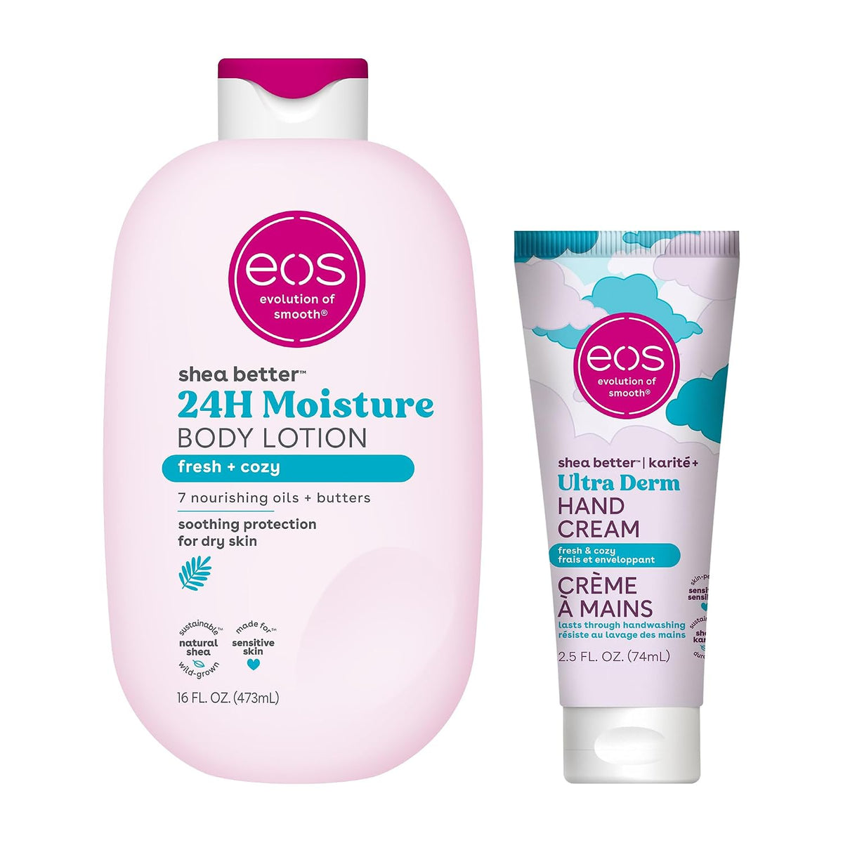 EOS Shea Better 24H Moisture Body Lotion in a large pale pink bottle with a magenta cap, shown next to a matching tube of EOS Ultra Derm Hand Cream on a plain white background.