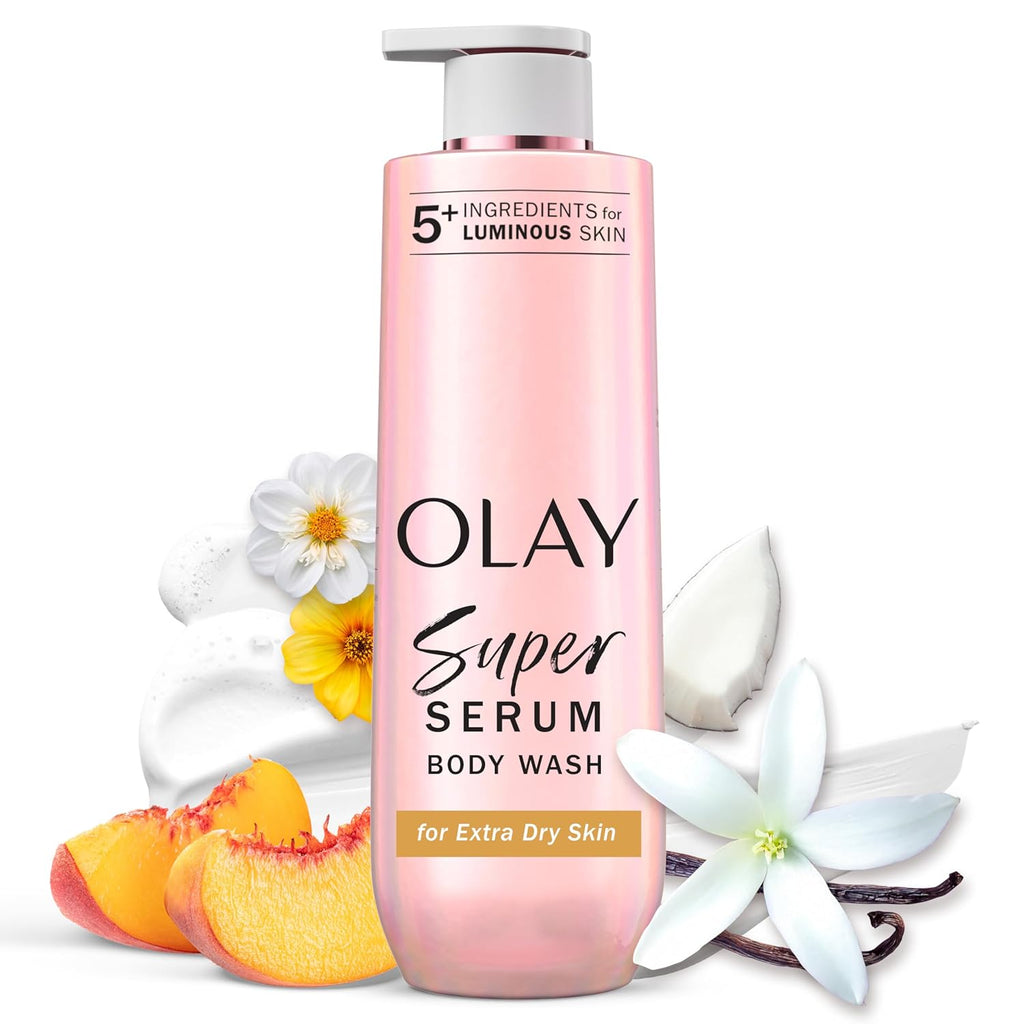 Olay Super Serum body wash bottle with flowers and peaches on a white background