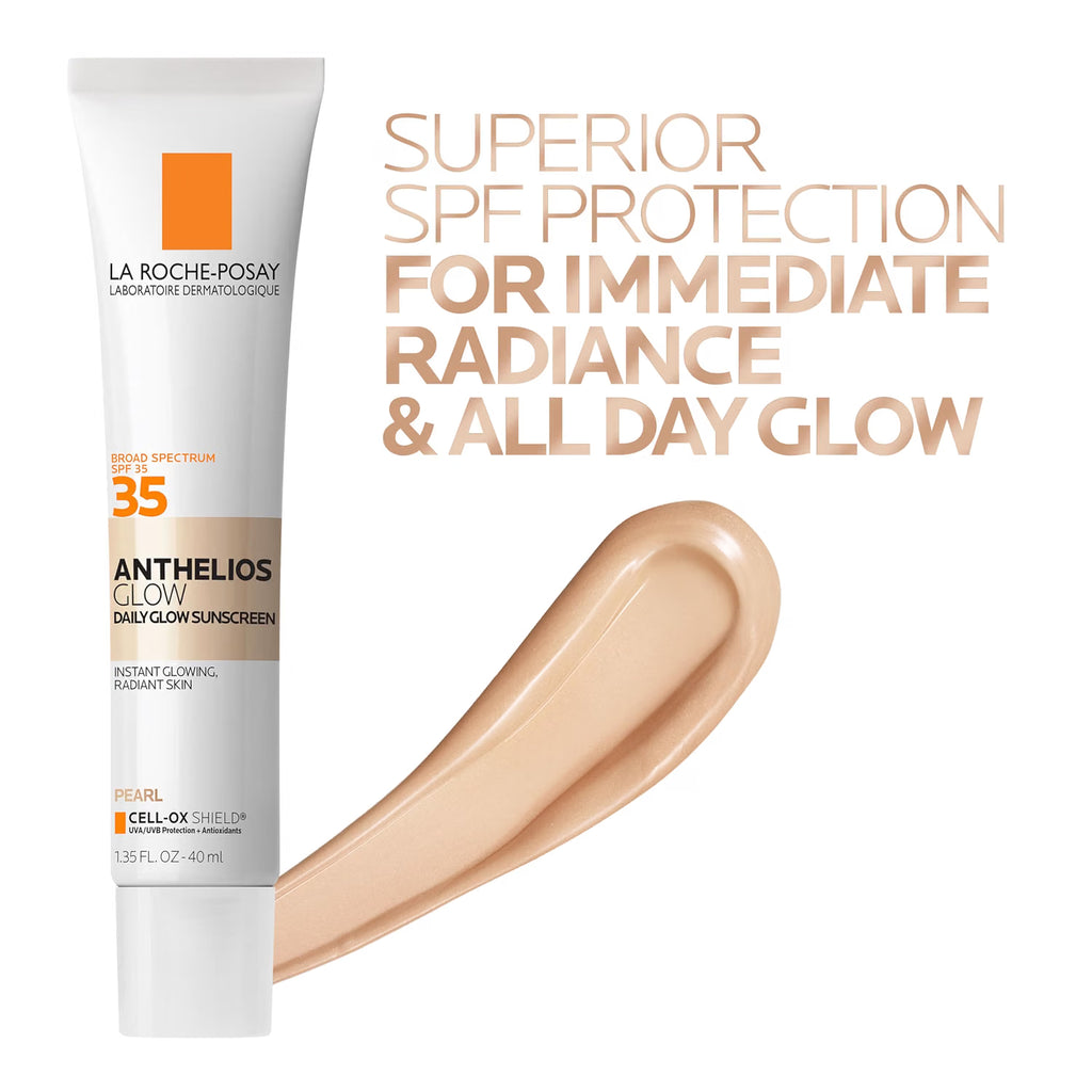 La Roche-Posay Anthelios Glow SPF 35 sunscreen tube shown next to a smear of the pearl-beige cream formula, with promotional text on a white background.
