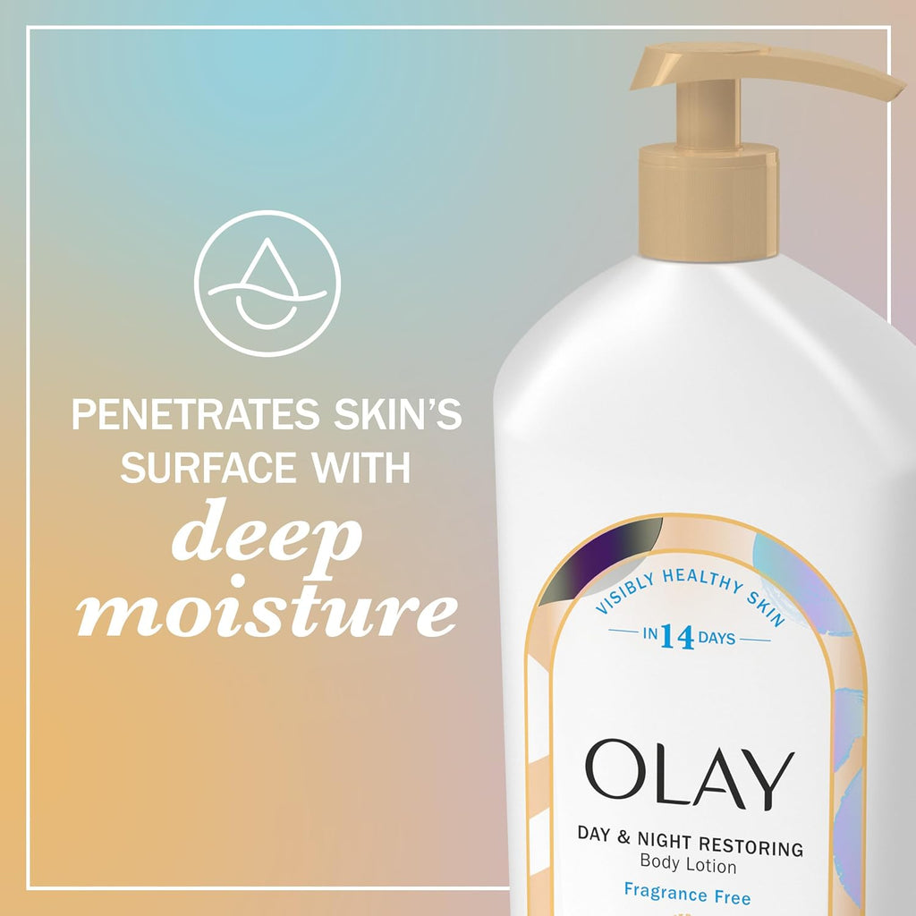 Olay Day & Night Restoring Body Lotion bottle with text on a gradient background