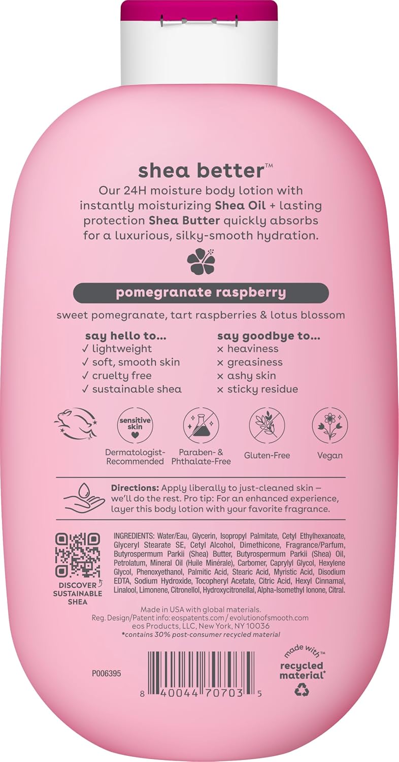 Pink bottle of shea butter lotion with text and branding on a white background