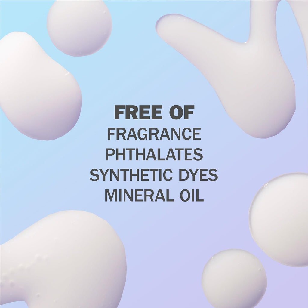 A promotional graphic with centered text reading 'FREE OF FRAGRANCE PHTHALATES SYNTHETIC DYES MINERAL OIL' on a soft blue-to-lavender gradient background with abstract white droplet shapes around the edges.