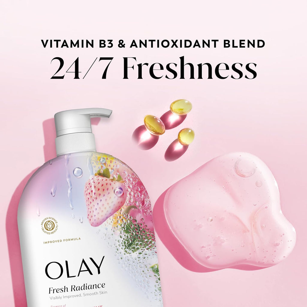 Olay skincare product with strawberry design on a pink background, featuring text about vitamin B3 and antioxidant blend.
