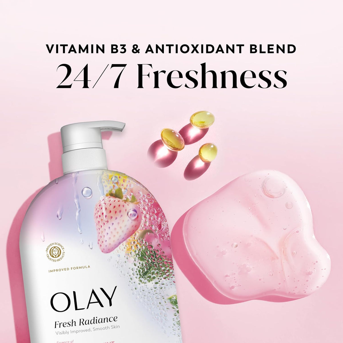 Olay skincare product with strawberry design on a pink background, featuring text about vitamin B3 and antioxidant blend.