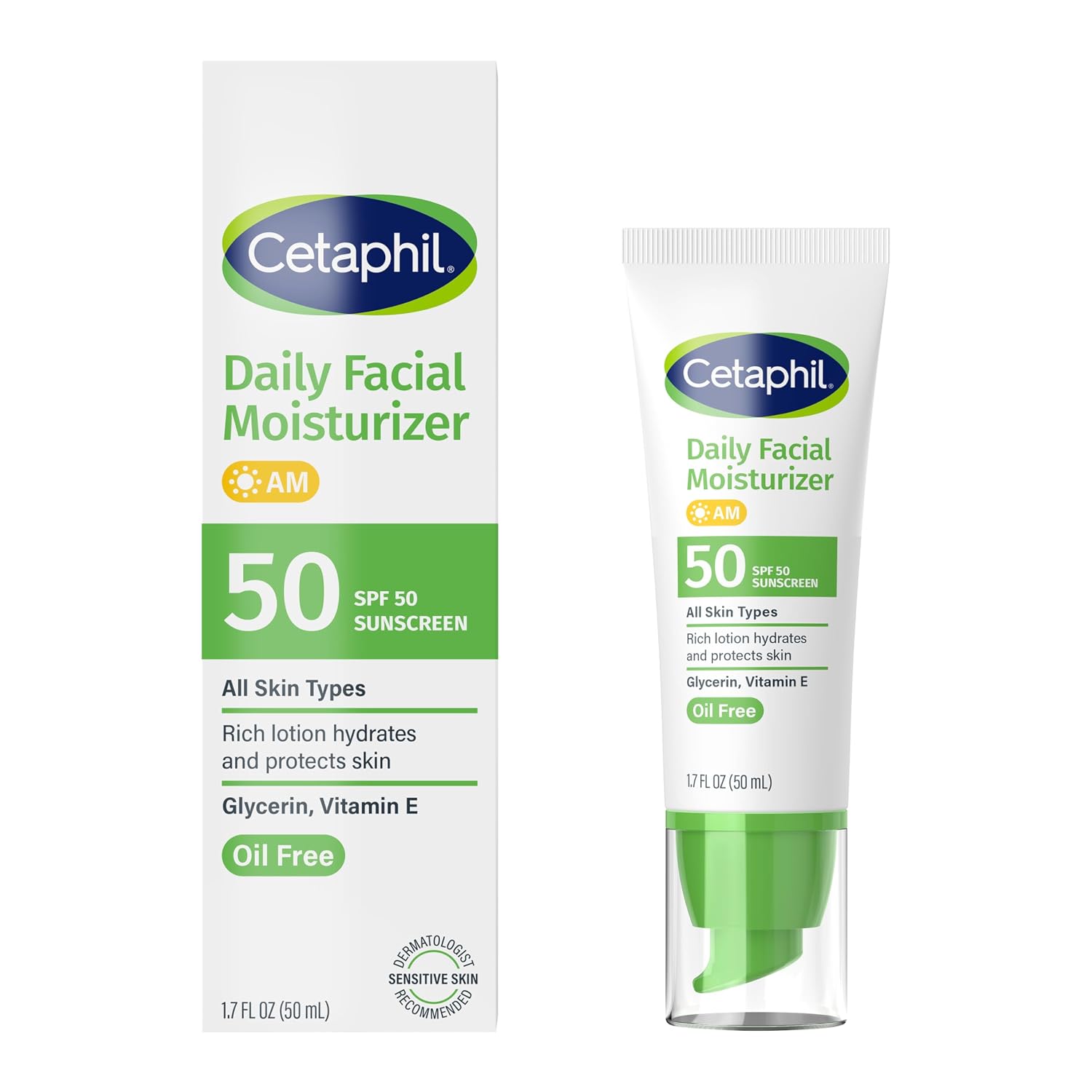Cetaphil Daily Facial Moisturizer with SPF 50 on a white background