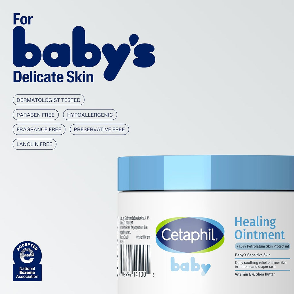 Cetaphil baby healing ointment packaging with branding and product details on a white background.