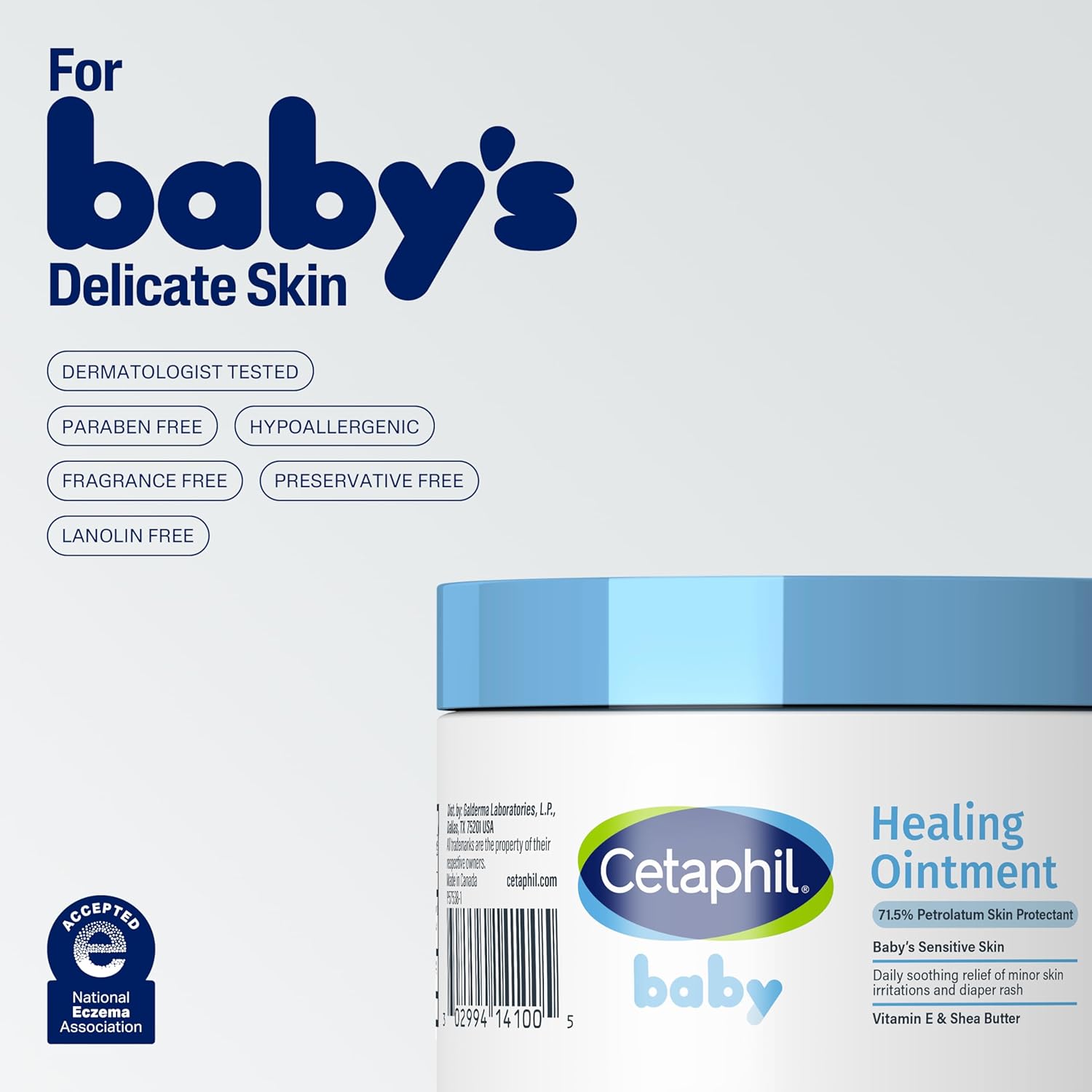 Cetaphil baby healing ointment packaging with branding and product details on a white background.