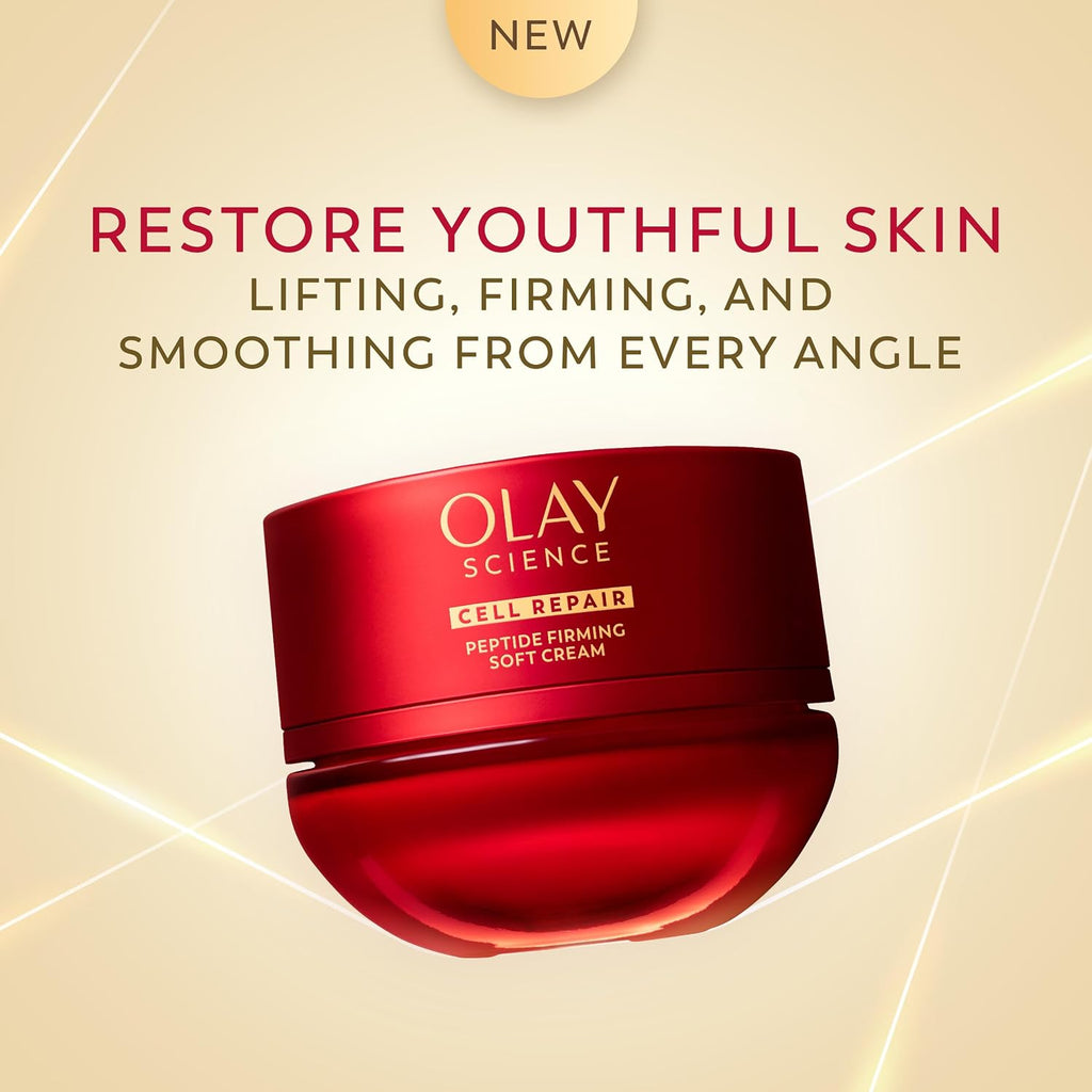 Red Olay skincare jar with promotional text on a beige background
