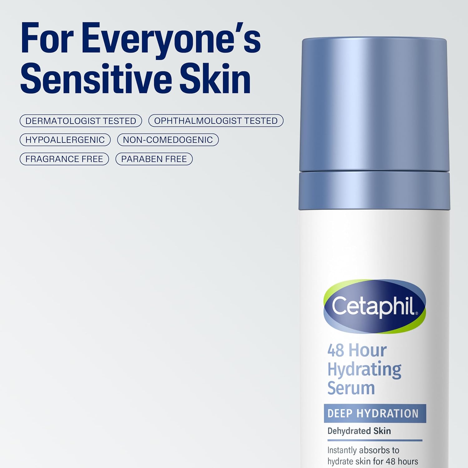 Cetaphil 48 Hour Hydrating Serum bottle on a white background with text about sensitive skin.