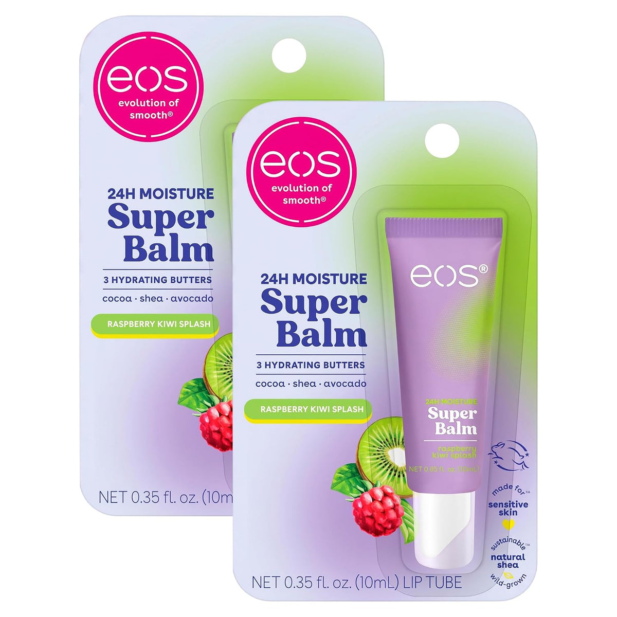 Two EOS Evolution of Smooth Super Balm lip balm tubes in their retail packaging, featuring a Raspberry Kiwi Splash flavor. The front tube is slightly overlapping the second tube behind it, showing the lavender-colored balm tube and its white and green backing card.
