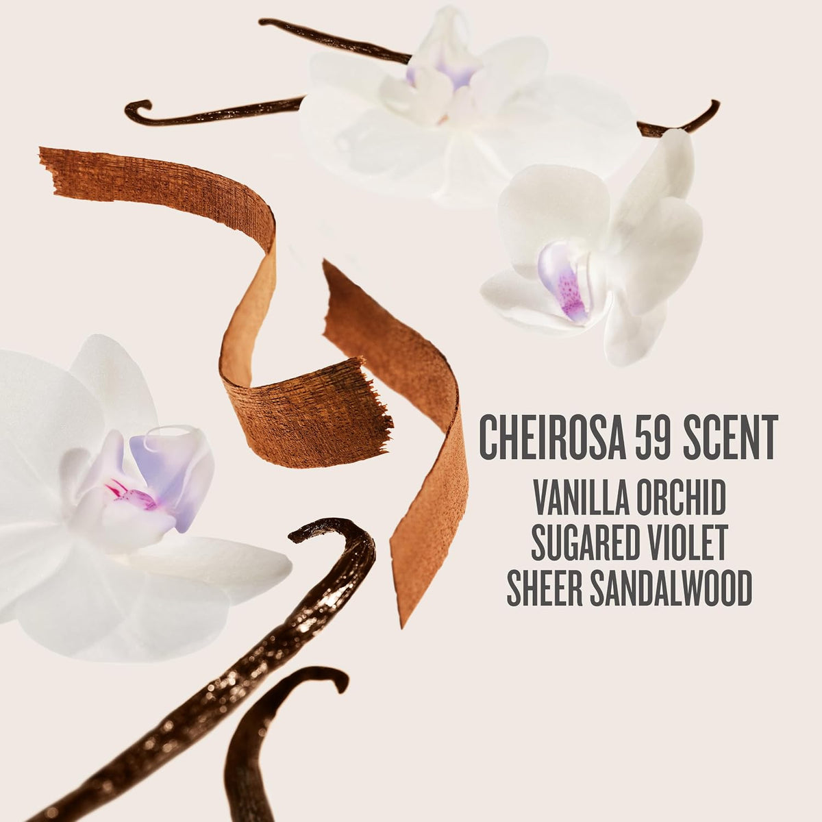 Vanilla orchid with brown ribbon and text describing Cheirosa 59 Scent on a light background
