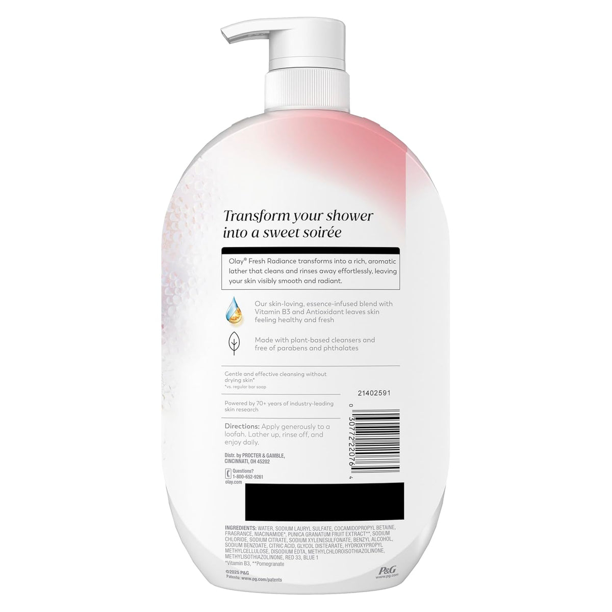 Back view of a large white pump bottle of shower gel with a pink gradient accent on the upper back, showing product text and a barcode on a white background.