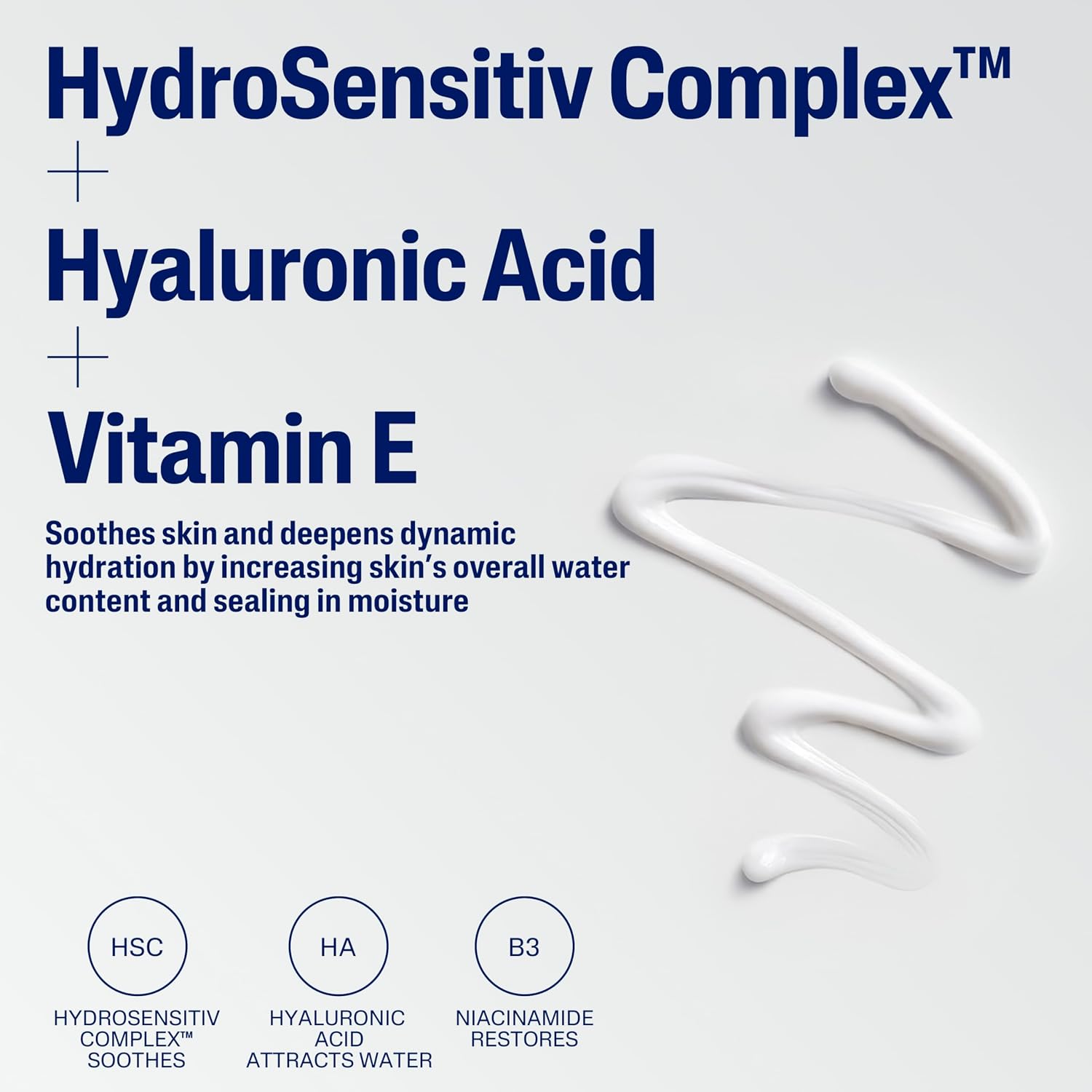 Promotional graphic for HydroSensitiv Complex + Hyaluronic Acid + Vitamin E skincare, showing dark blue text on a light gray background with a white cream smear and three circular ingredient callouts at the bottom.