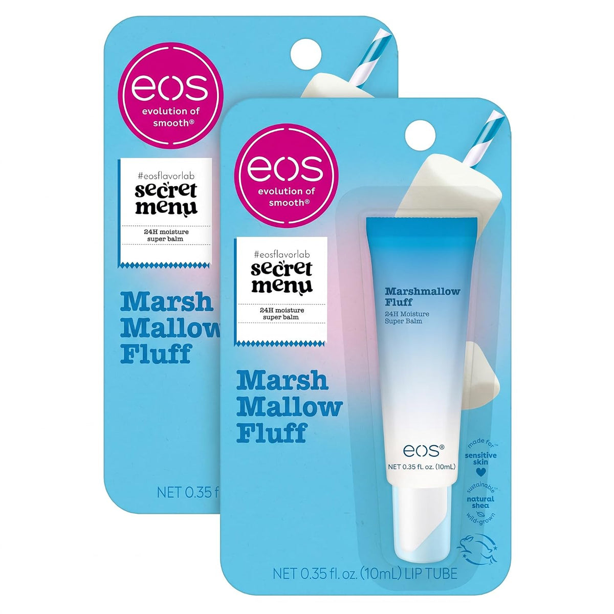 Two EOS Secret Menu Marsh Mallow Fluff lip treatment cards, one showing the blue and white tube and the other showing the retail packaging, on a white background.