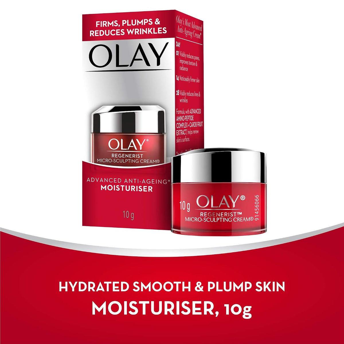 Olay Regenerist Micro Sculpting Cream moisturiser shown with its red-and-white retail box and a matching 10g jar on a white background with a red banner at the bottom.