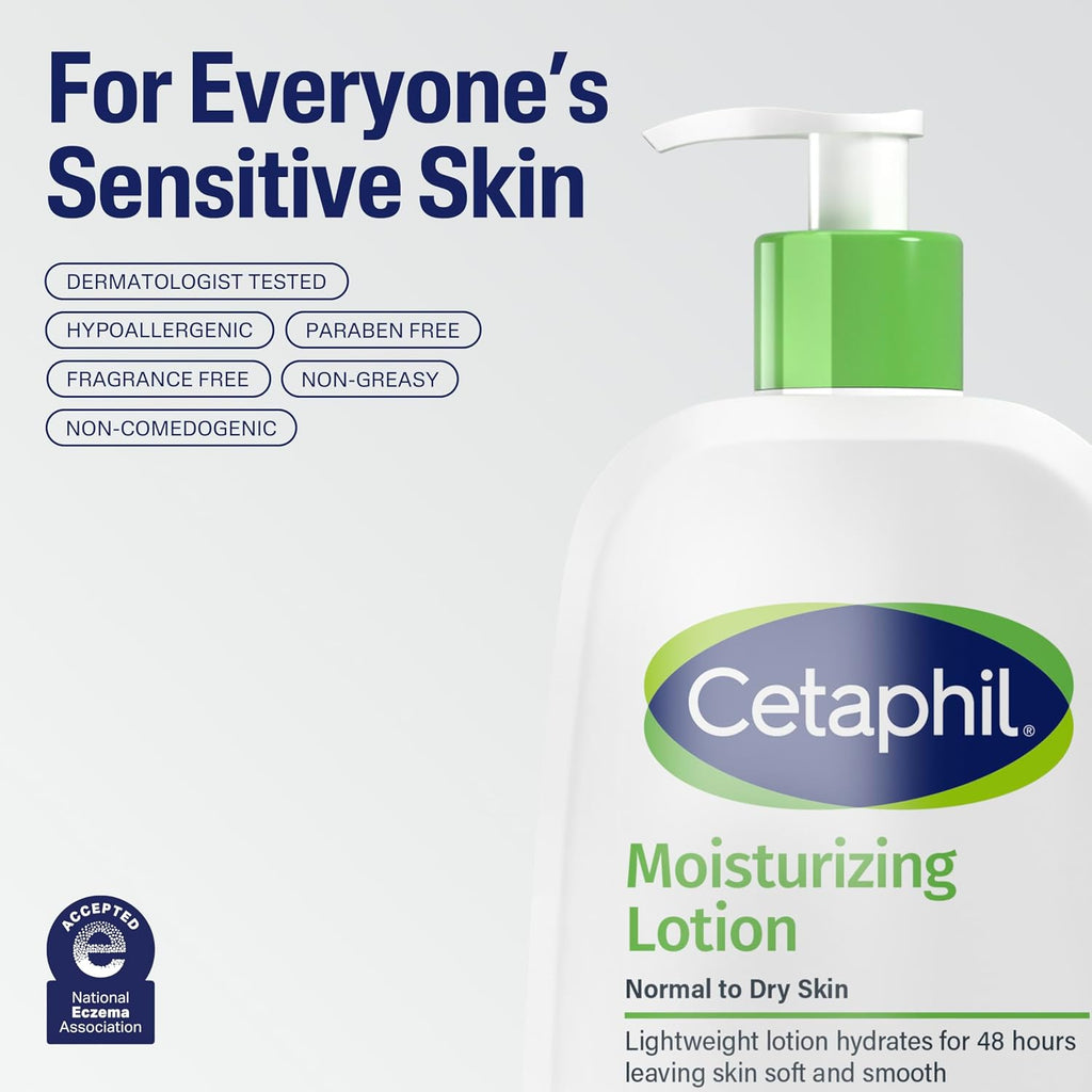 Cetaphil moisturizing lotion bottle with green pump on a white background