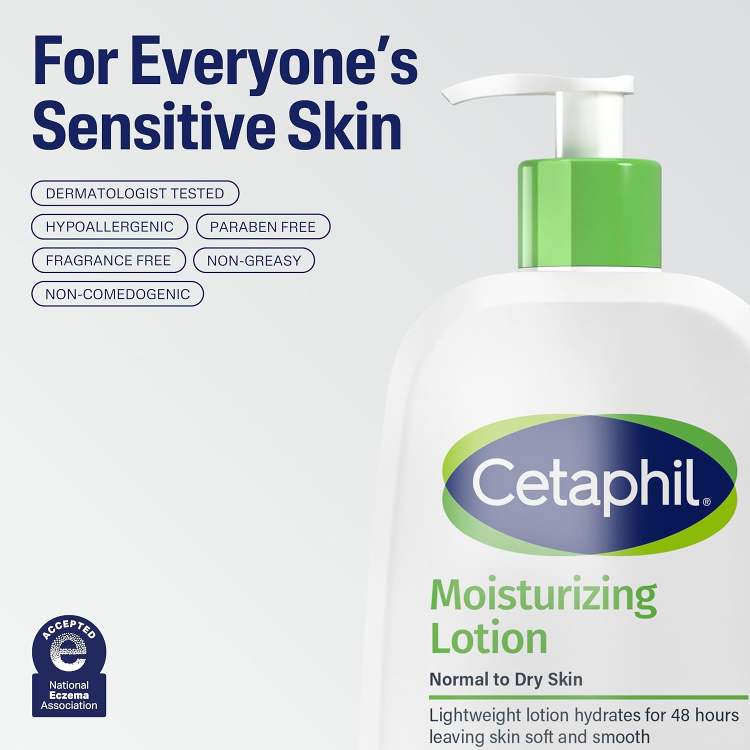 Cetaphil moisturizing lotion bottle with green pump on a white background