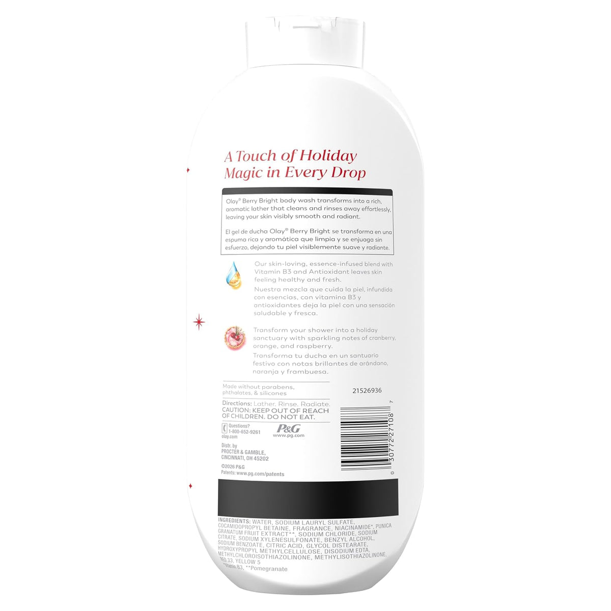 The back of a white plastic bottle of P&G Beauty's 'A Touch of Holiday Magic in Every Drop' body wash, showing the label text, barcode, and warning information on a white background.