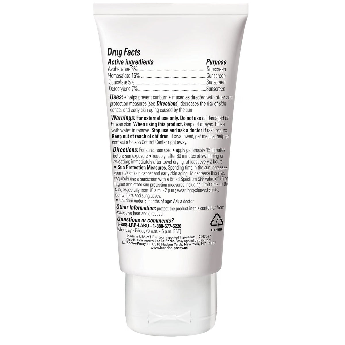 The back of a white sunscreen tube showing detailed 'Drug Facts' text, including active ingredients like avobenzone, homosalute, octinoxate, and oxybenzone, along with usage directions and manufacturer contact info.