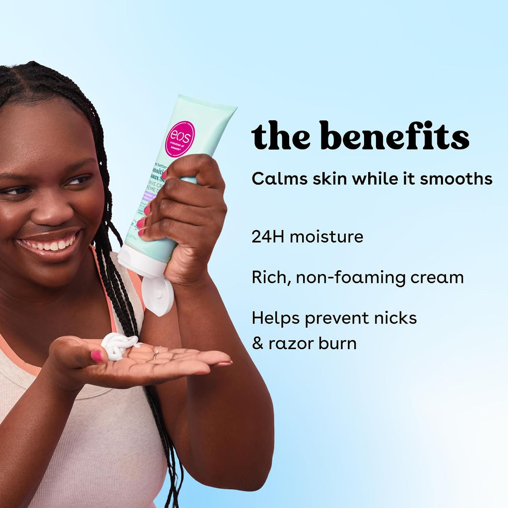 A woman holds a tube of Ecos Skincare cream while dispensing white cream into her hand, with text on a light blue background highlighting the benefits of the cream.