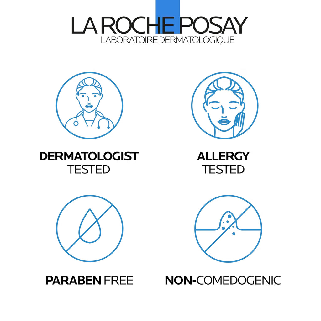 La Roche-Posay logo with icons indicating dermatologist tested, allergy tested, paraben free, and non-comedogenic.
